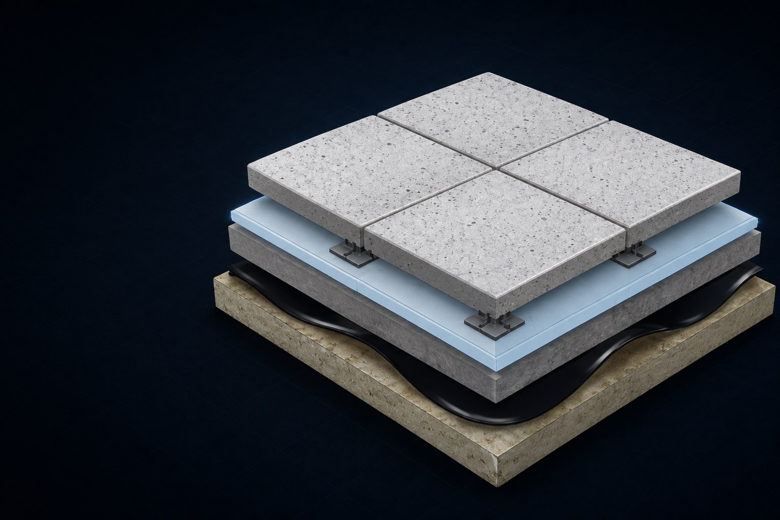 Isometric cross-section render of a Hydrotech Protected Membrane Roof assembly showing pavers on pedestals, insulation, the MM6125 rubberized asphalt membrane, and concrete deck layers