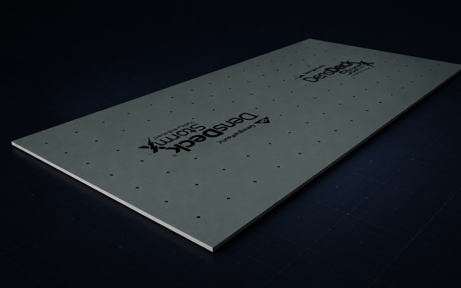 DensDeck StormX Prime — green-gray impact-resistant gypsum cover board with DensDeck StormX branding on a dark background