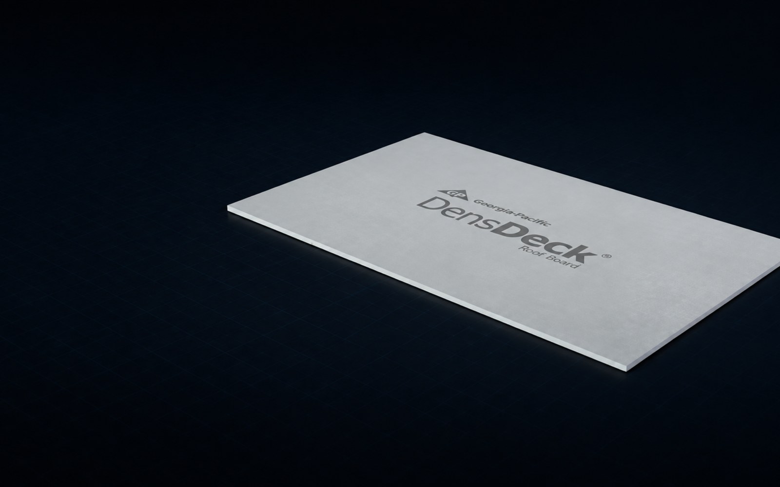 DensDeck Roof Board — white glass mat gypsum cover board with Georgia-Pacific branding on a dark background