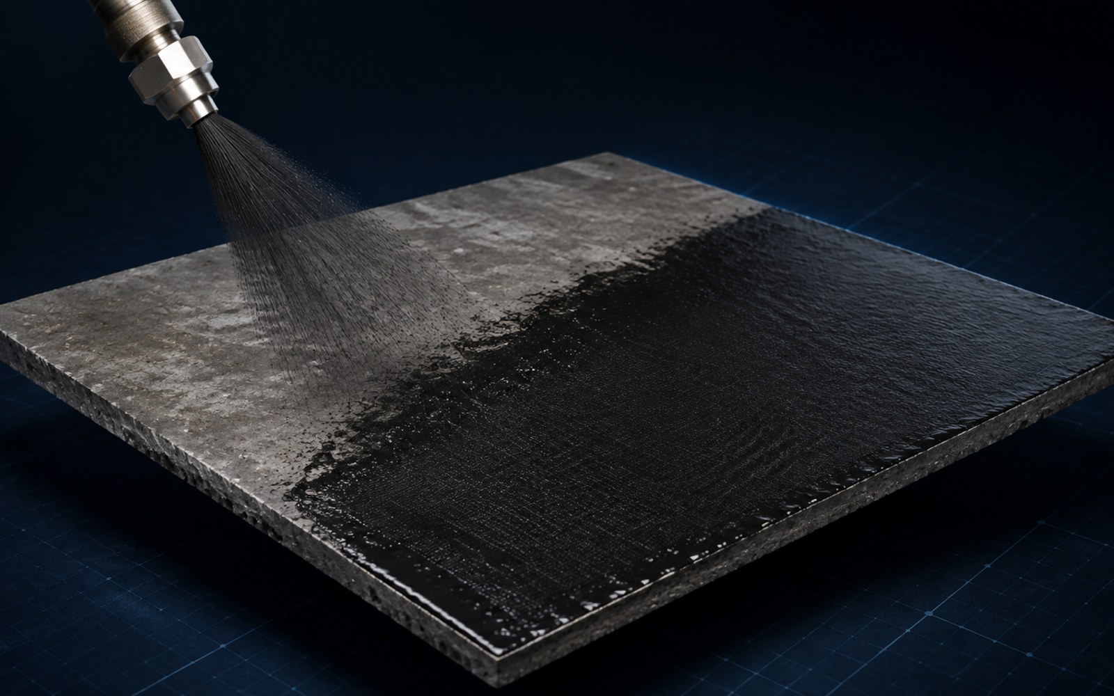 Dark asphalt emulsion being spray-applied over an existing roof substrate, with embedded reinforcing fabric texture visible where sprayed