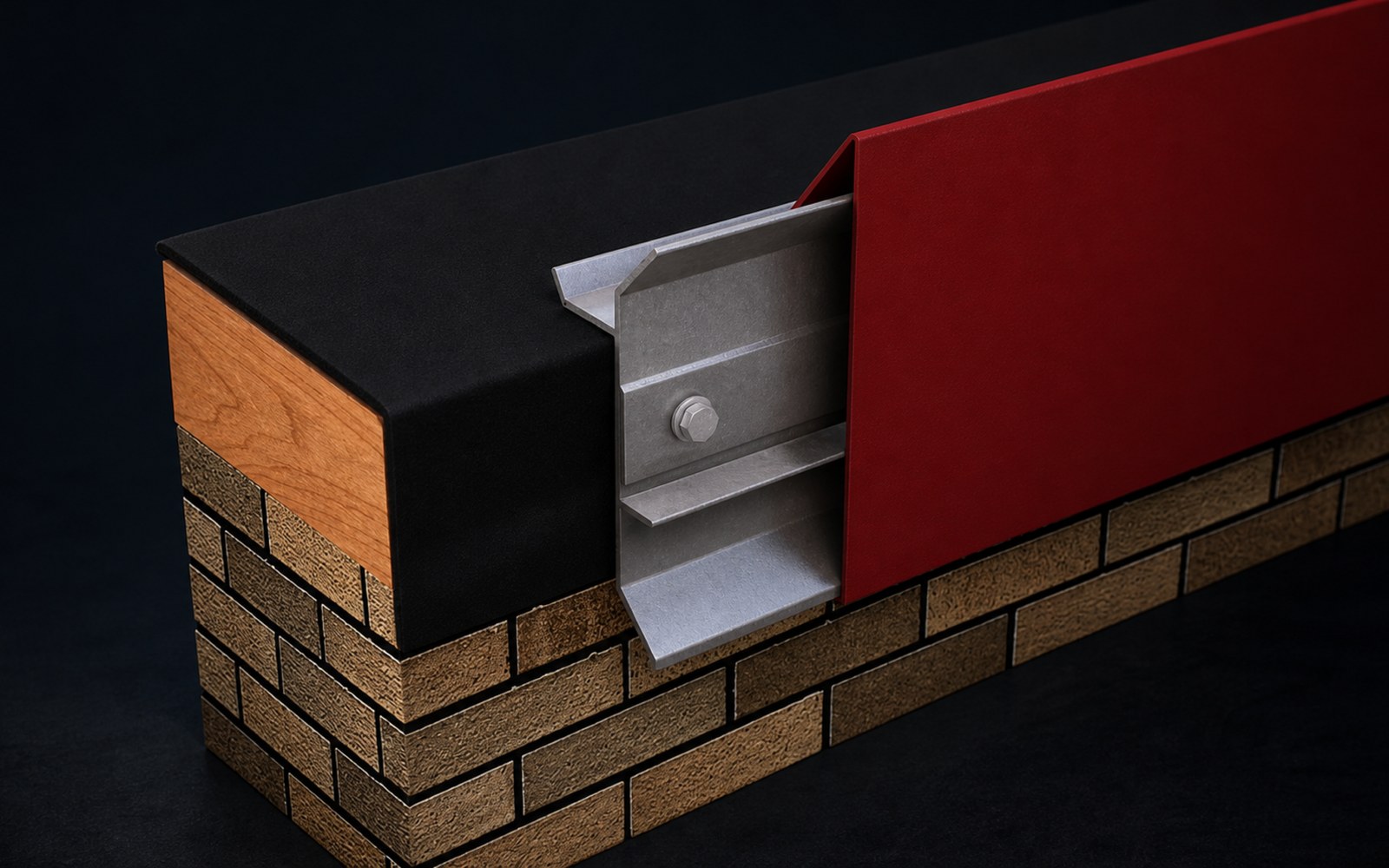 Close-up render of a Hickman TerminEdge fascia assembly showing the cleat-and-snap-on-cover detail over a brick wall with wood blocking