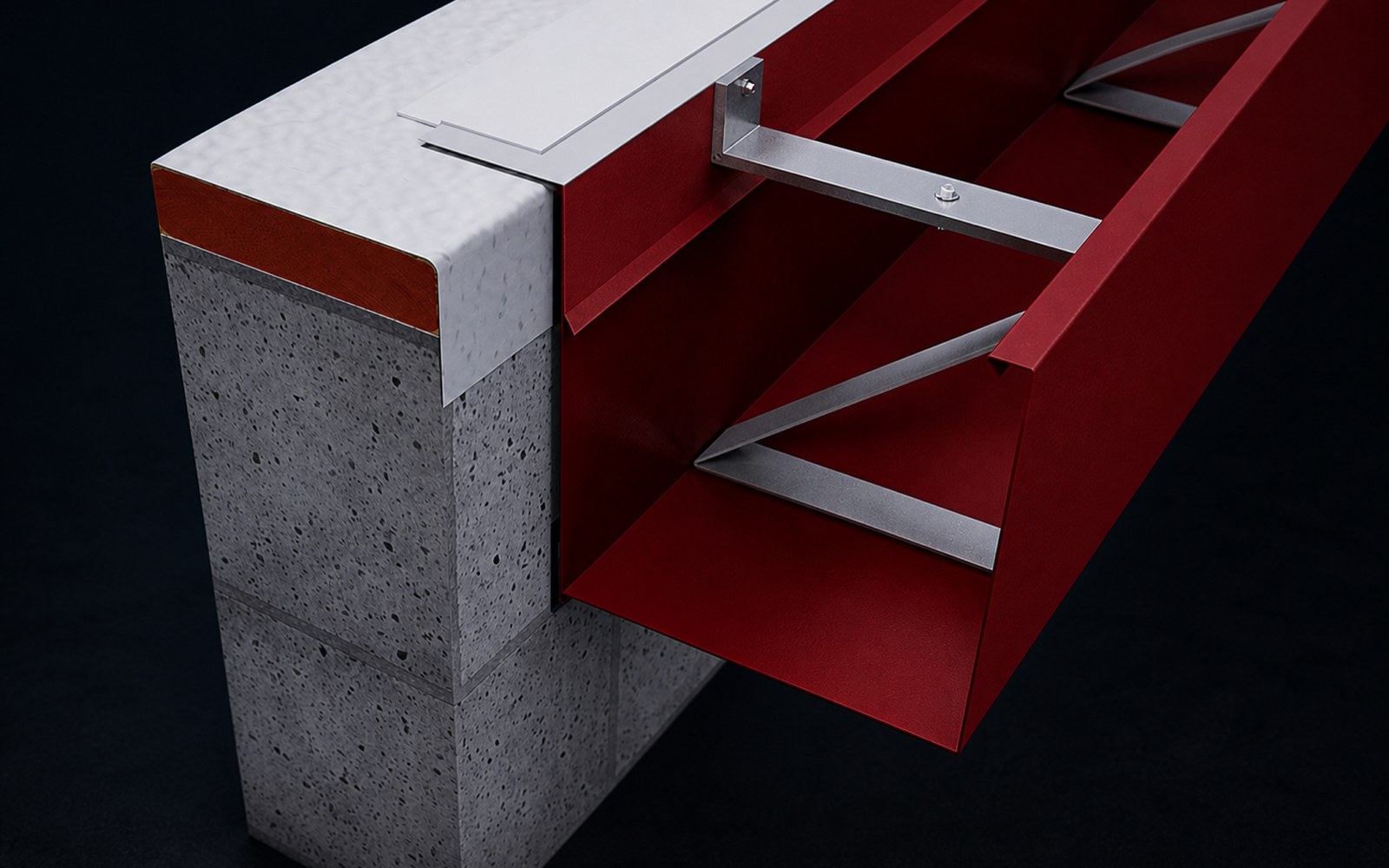 Cross-section render of a Hickman Wind Resistant XL Gutter showing the internal cross-brace support structure with no external brackets