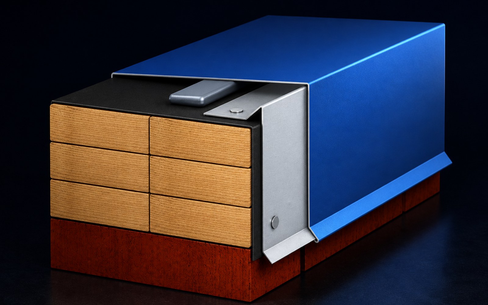 Isometric cross-section render of a Drexel edge metal system showing coping, fascia, and gutter integration with wall and roof panels on a dark background