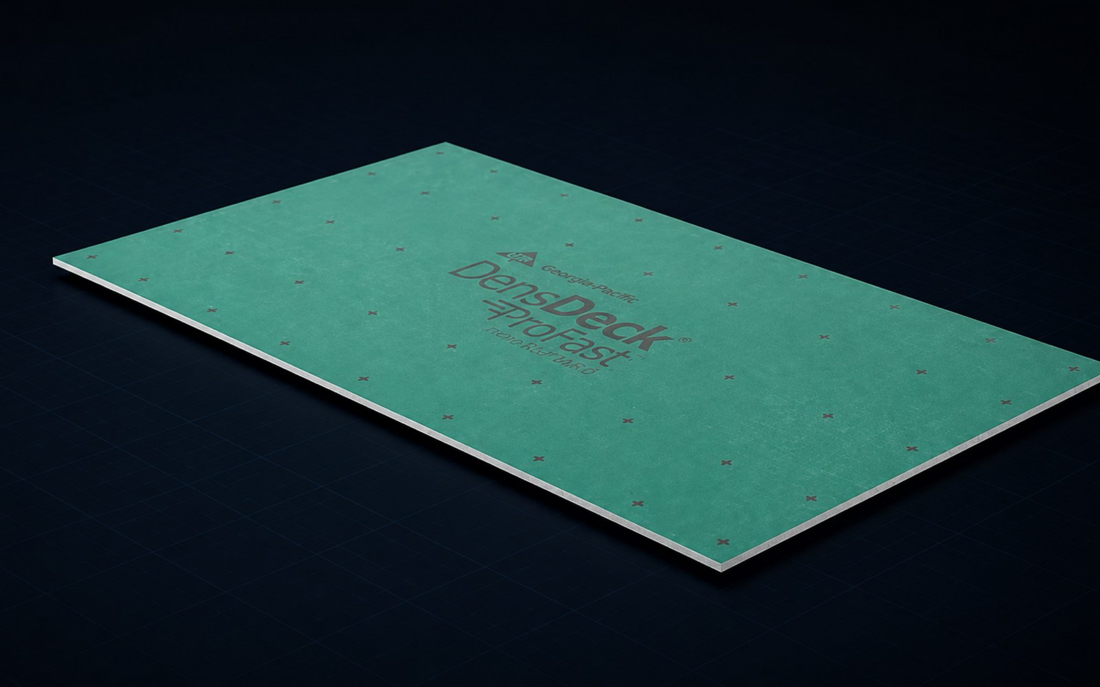 DensDeck ProFast Prime — teal lightweight gypsum cover board with fastener-location marks and DensDeck ProFast branding on a dark background