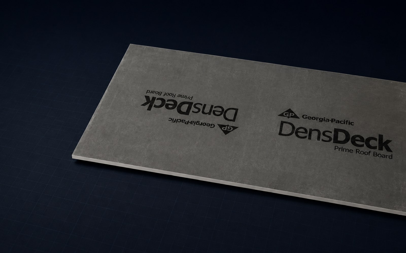DensDeck Prime — gray glass mat gypsum cover board with DensDeck Prime Roof Board branding on a dark background