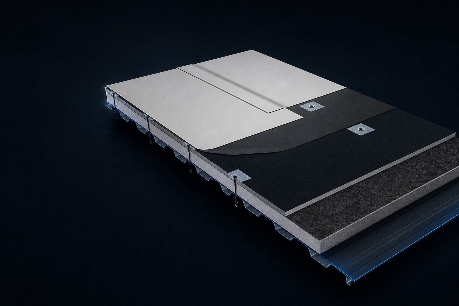 PVC single-ply membrane roof assembly showing welded sheet seam, fastener plates, insulation, and metal deck