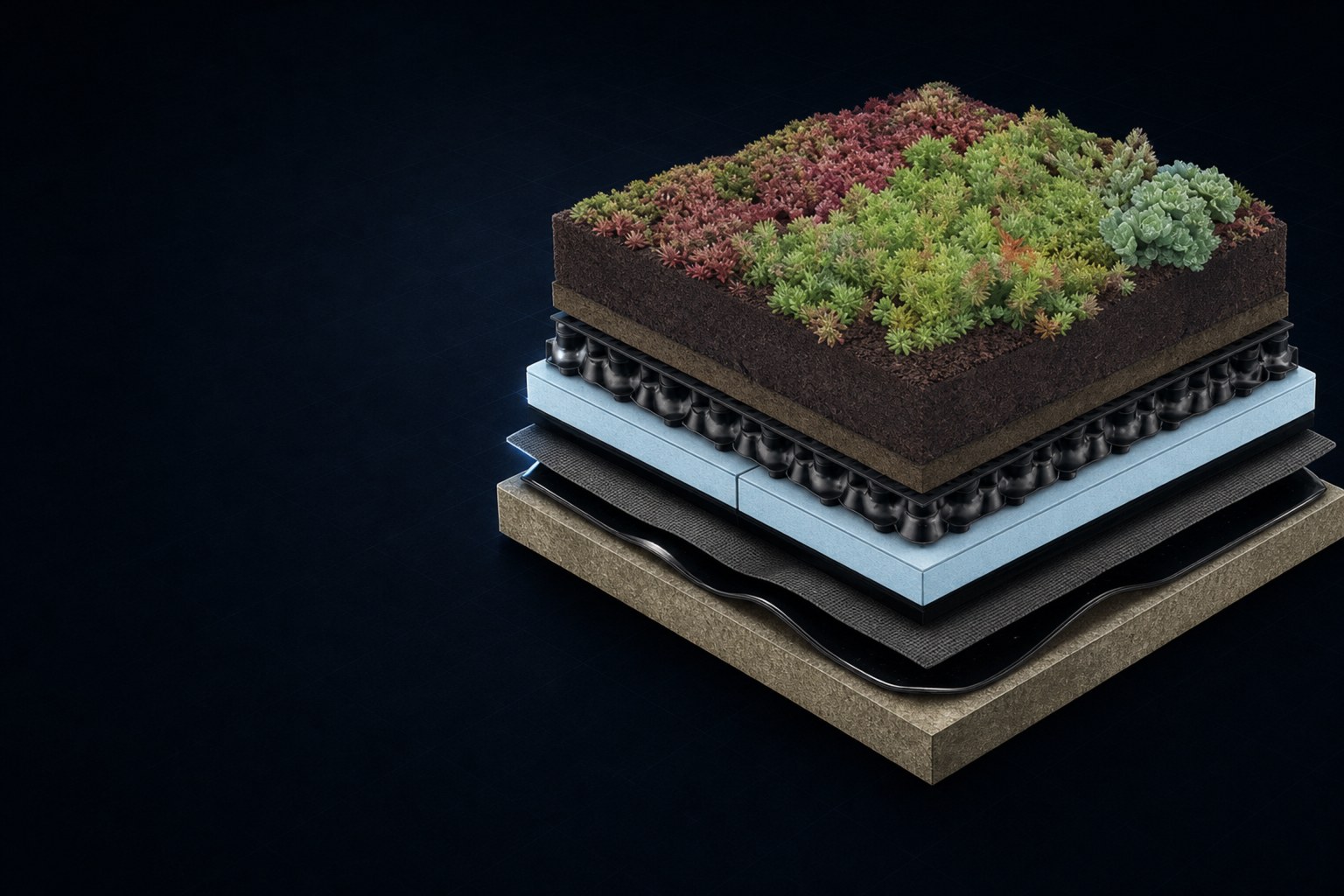 Isometric cross-section render of a Hydrotech Garden Roof assembly showing sedum vegetation, growing medium, drainage mat, insulation, the MM6125 rubberized asphalt membrane, and concrete deck layers