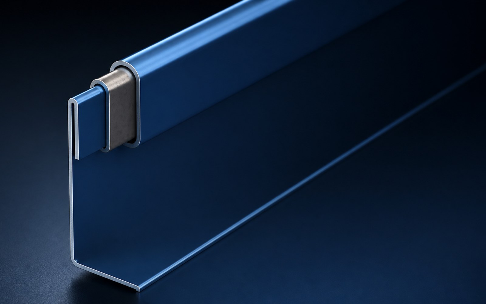 Close-up profile render of a Drexel mechanically seamed standing seam panel showing the double-fold seam and clip detail on a dark background