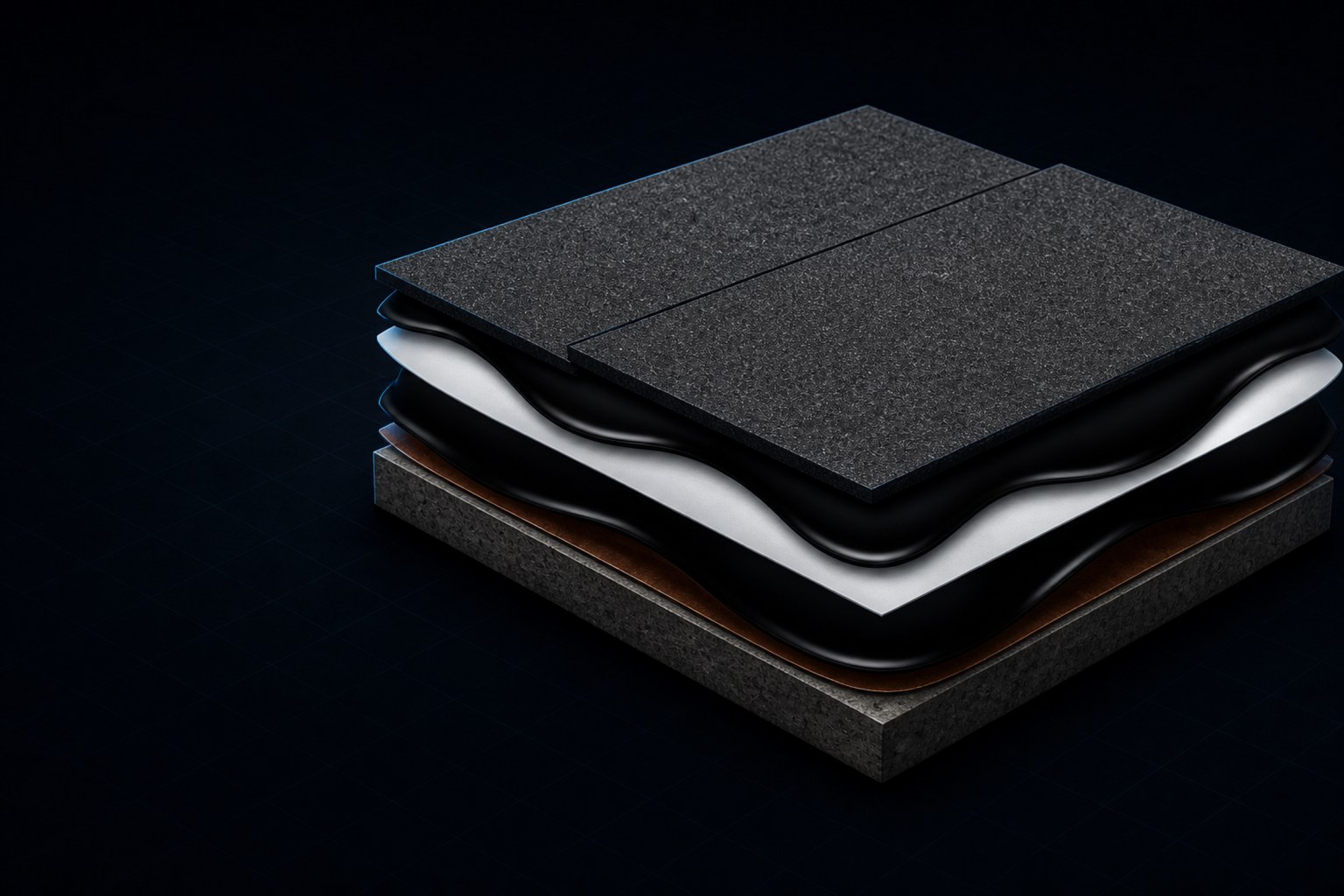 Isometric cross-section render of a Hydrotech waterproofing assembly showing the MM6125 rubberized asphalt membrane, protection course, and concrete substrate layers