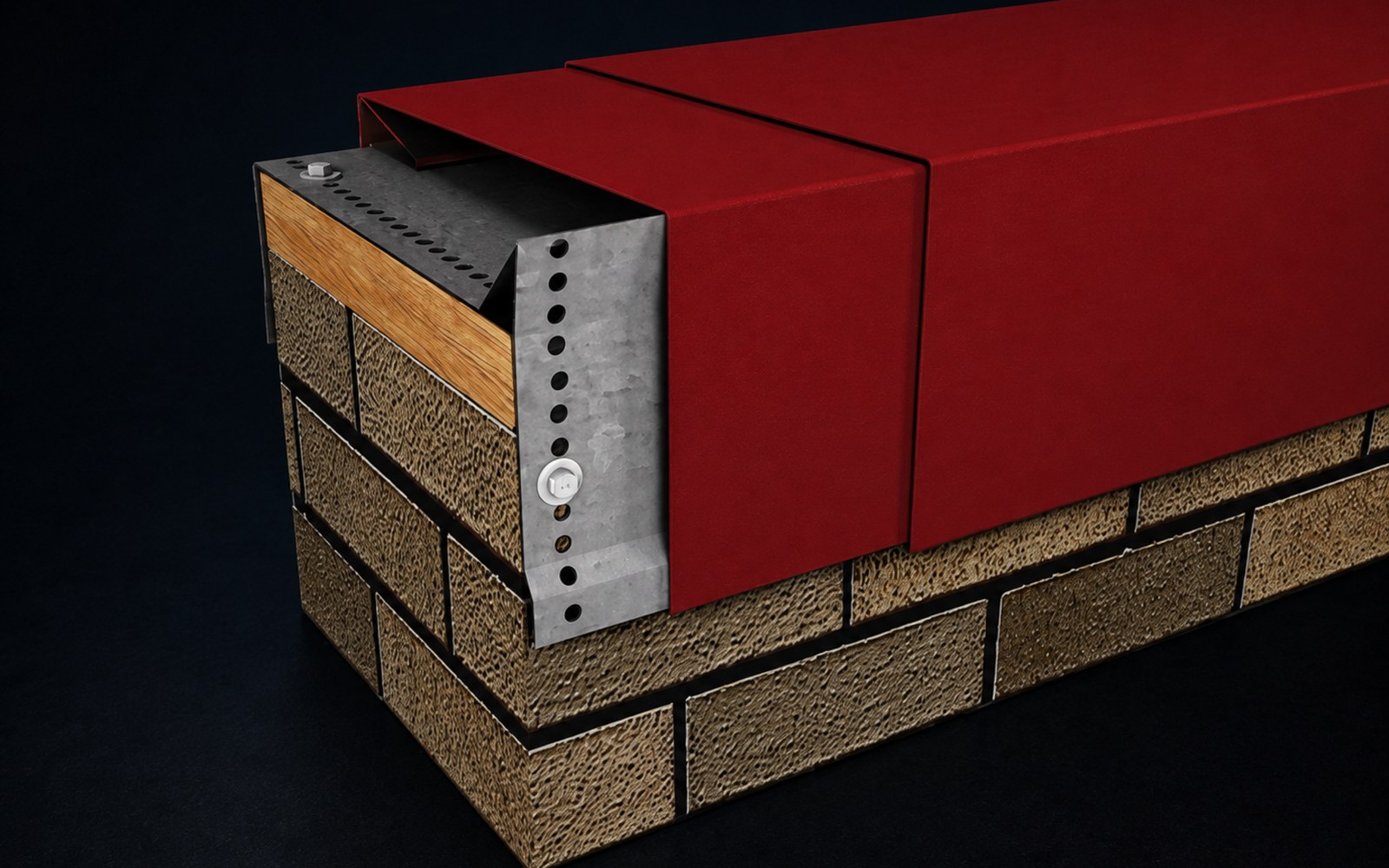 Close-up render of a Hickman PermaSnap coping cap over a parapet wall showing the clip, fastener, and concealed splice detail