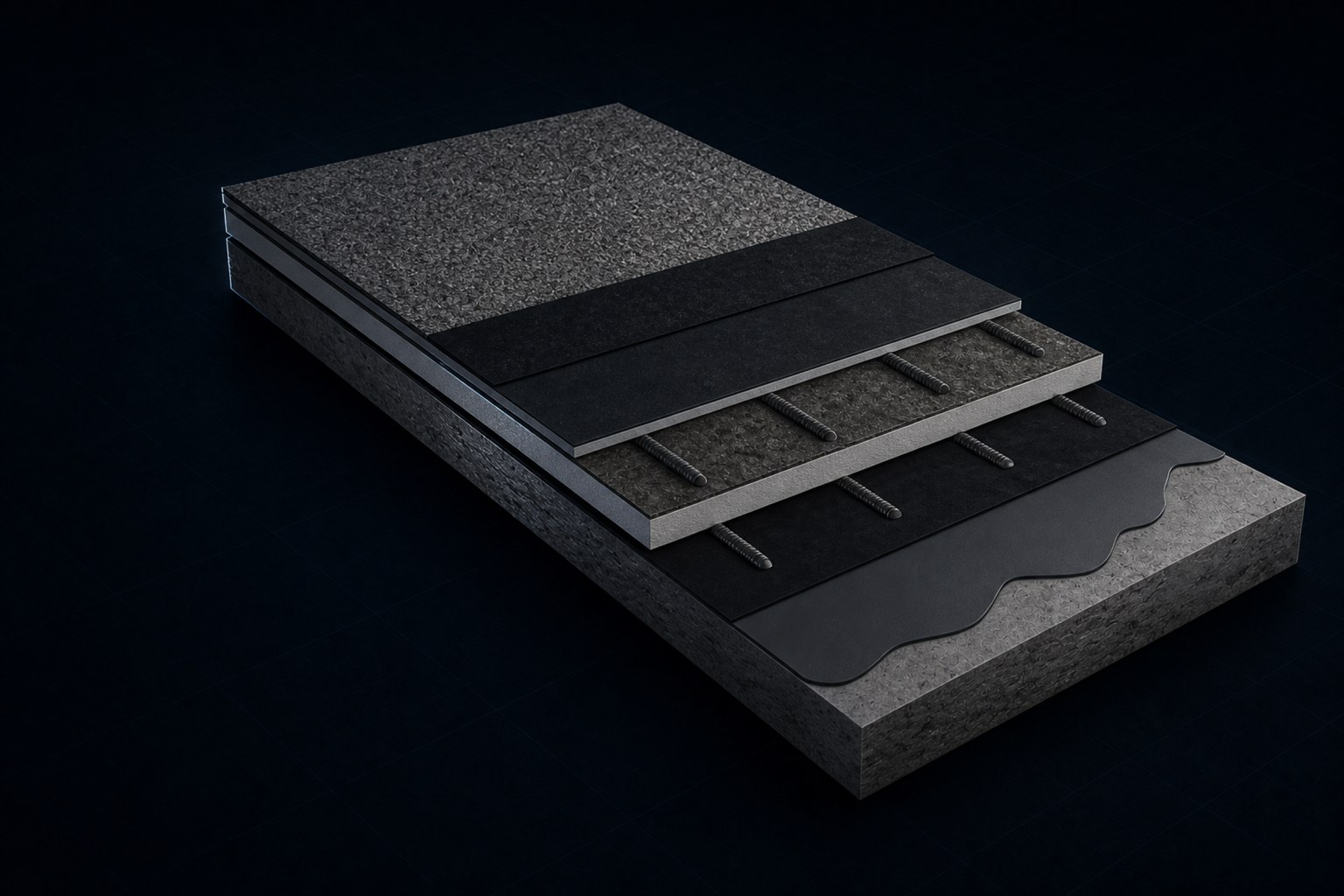 Modified bitumen roofing membrane assembly showing granulated cap sheet, base ply, mechanical fasteners, insulation, and metal deck