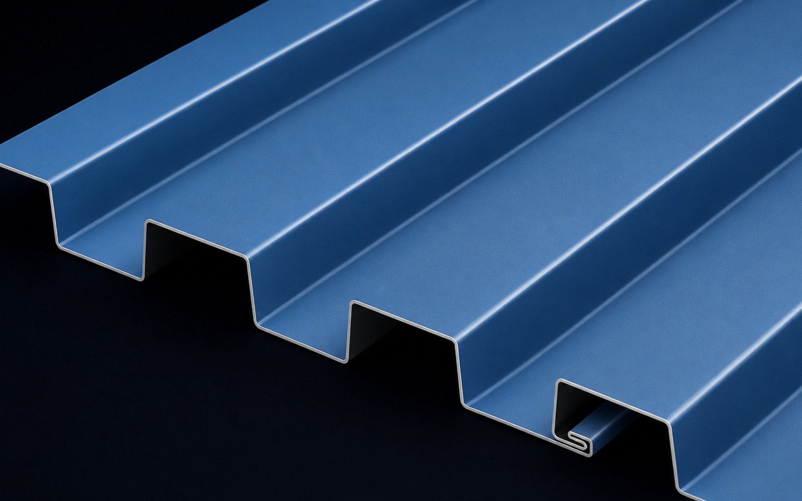 Close-up render of Drexel concealed-fastener wall panel profiles showing rib and batten details on a dark background