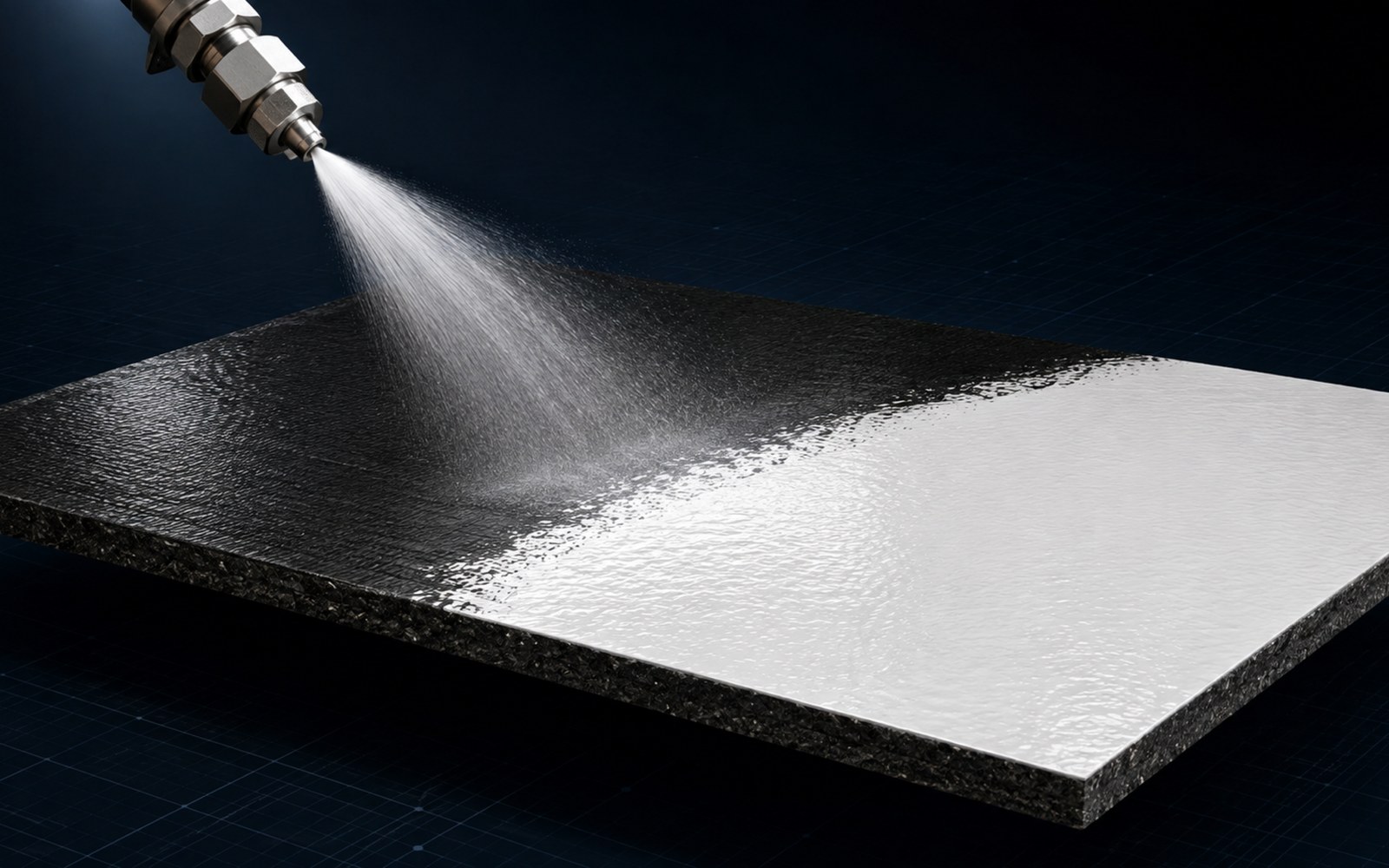 White reflective acrylic coating being spray-applied over a dark base surface