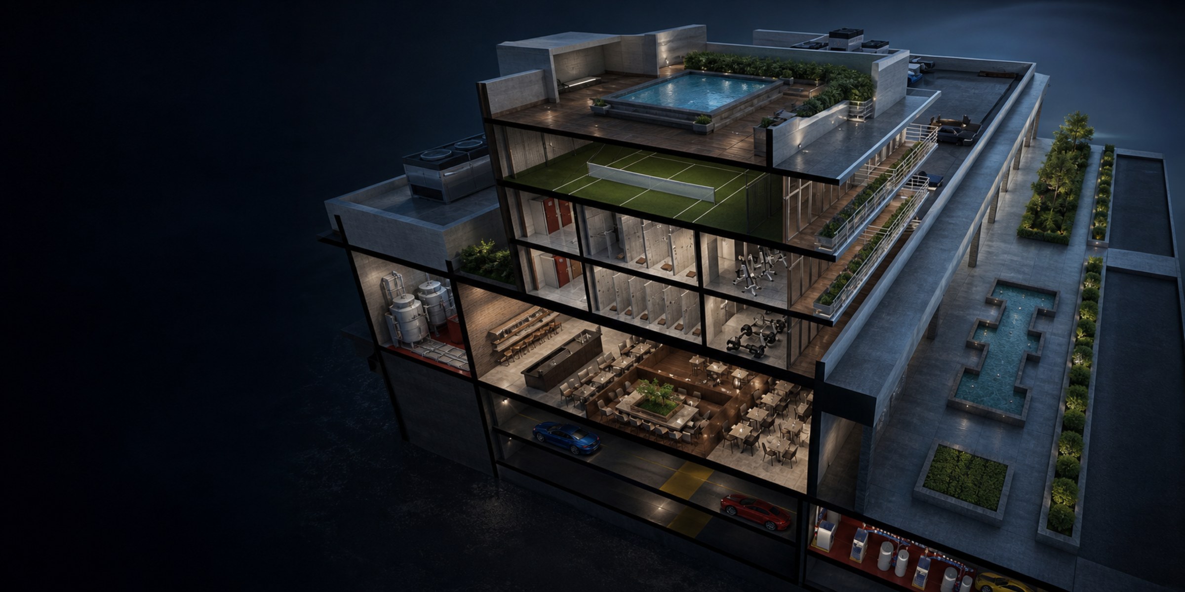 Cutaway isometric render of a mixed-use building showing a rooftop pool and deck, tennis court, gym, locker rooms, restaurant, mechanical room, and parking garage — the range of spaces Freedom Chemical's coatings protect